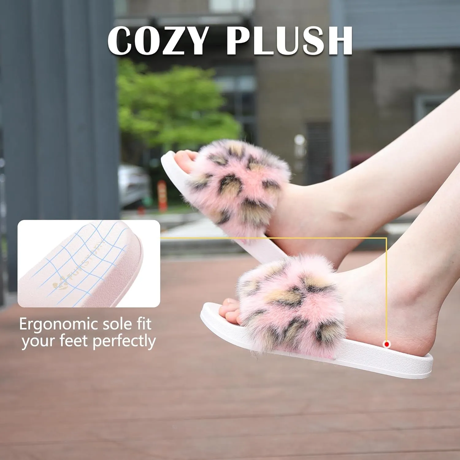 Women's Furry Slides Faux Fur Slides Fuzzy Slippers Fluffy Sandals Outdoor Indoor