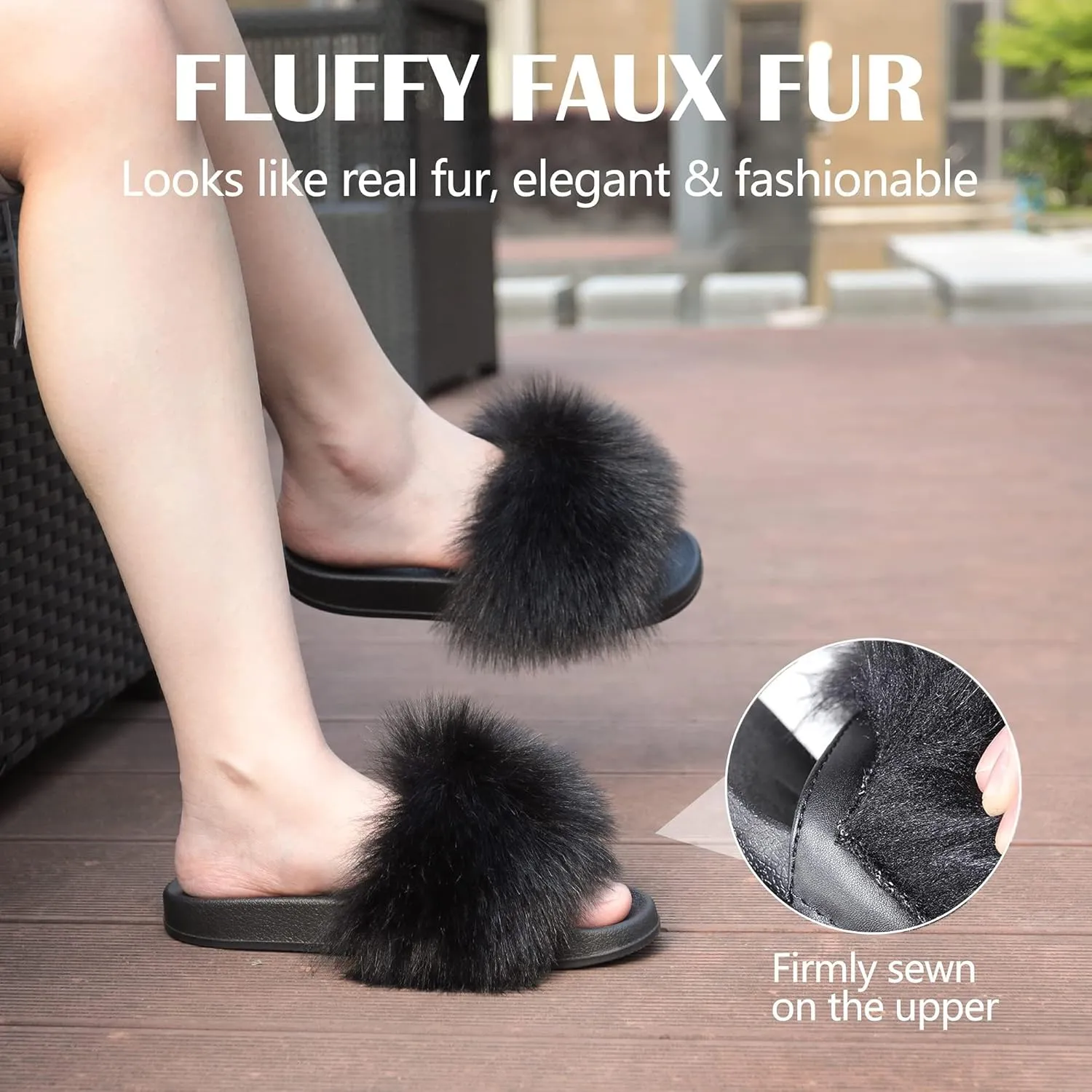 Women's Furry Slides Faux Fur Slides Fuzzy Slippers Fluffy Sandals Outdoor Indoor