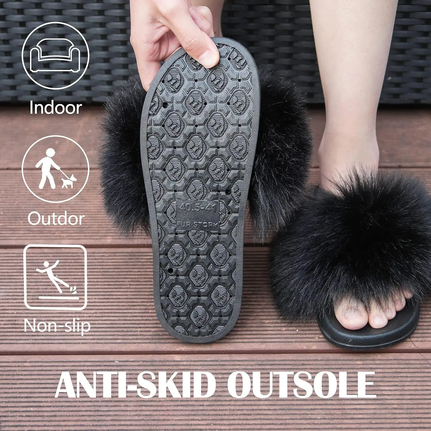 Women's Furry Slides Faux Fur Slides Fuzzy Slippers Fluffy Sandals Outdoor Indoor