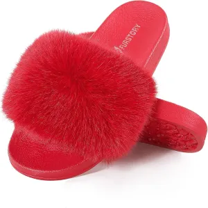 Women's Furry Slides Faux Fur Slides Fuzzy Slippers Fluffy Sandals Outdoor Indoor