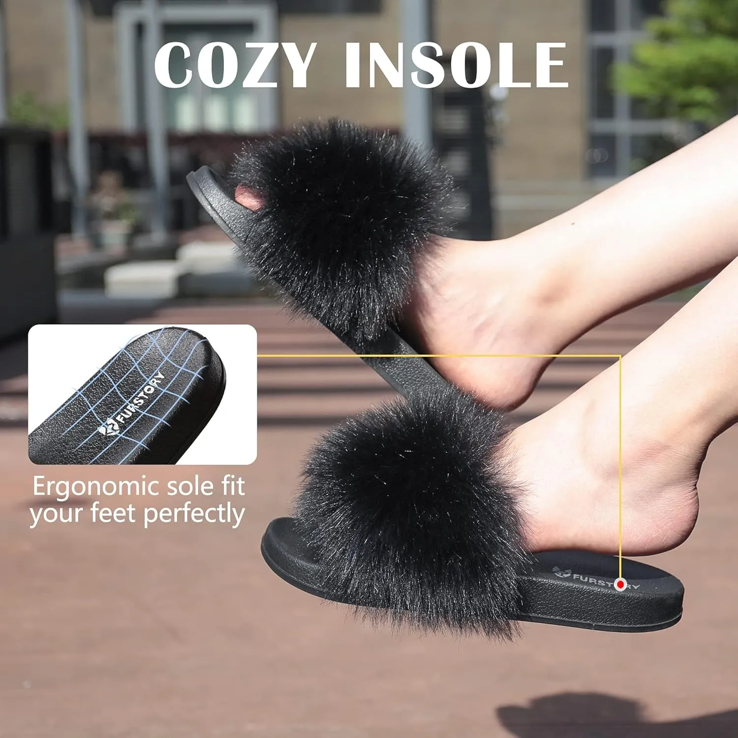 Women's Furry Slides Faux Fur Slides Fuzzy Slippers Fluffy Sandals Outdoor Indoor