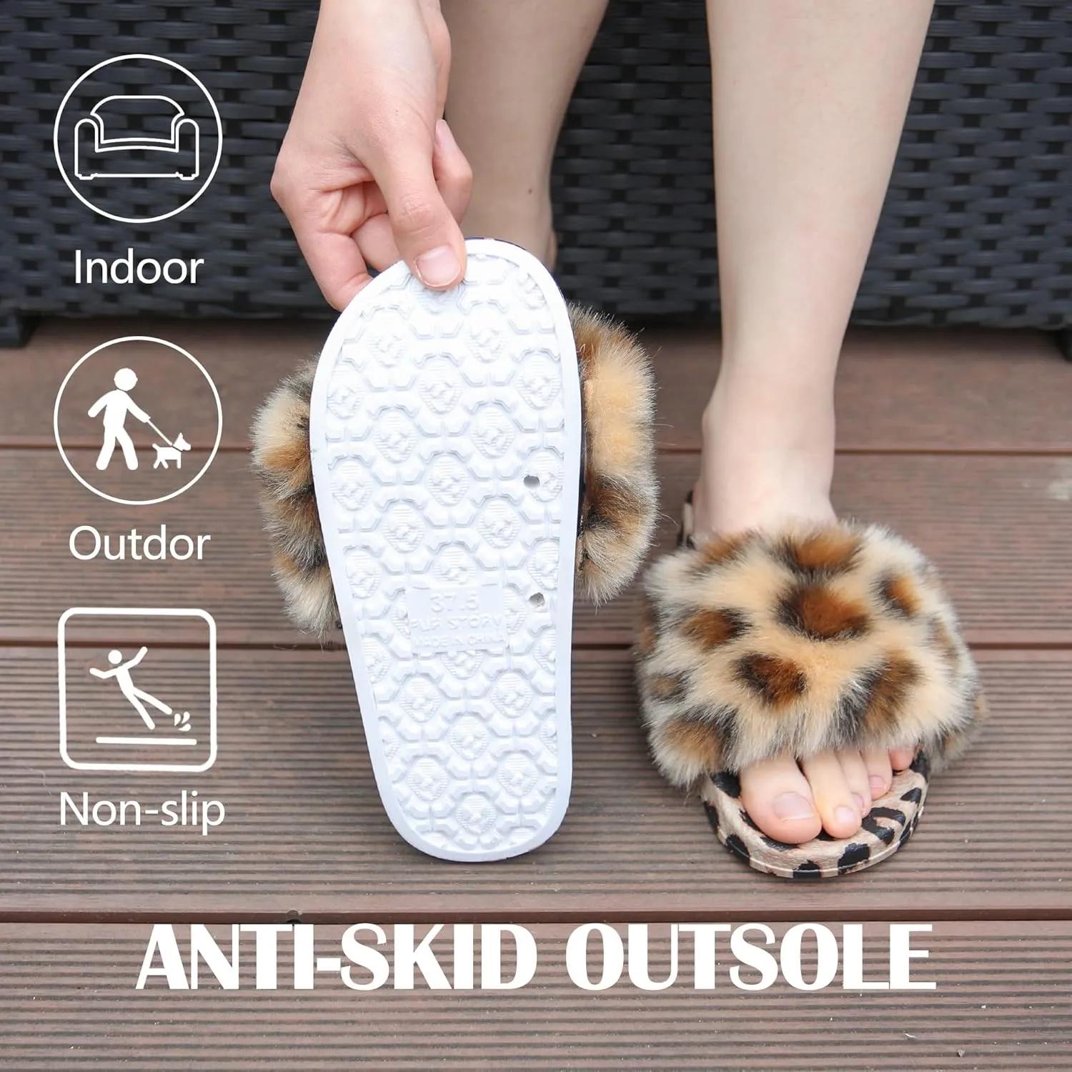 Women's Furry Slides Faux Fur Slides Fuzzy Slippers Fluffy Sandals Outdoor Indoor