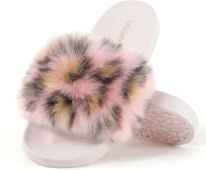 Women's Furry Slides Faux Fur Slides Fuzzy Slippers Fluffy Sandals Outdoor Indoor