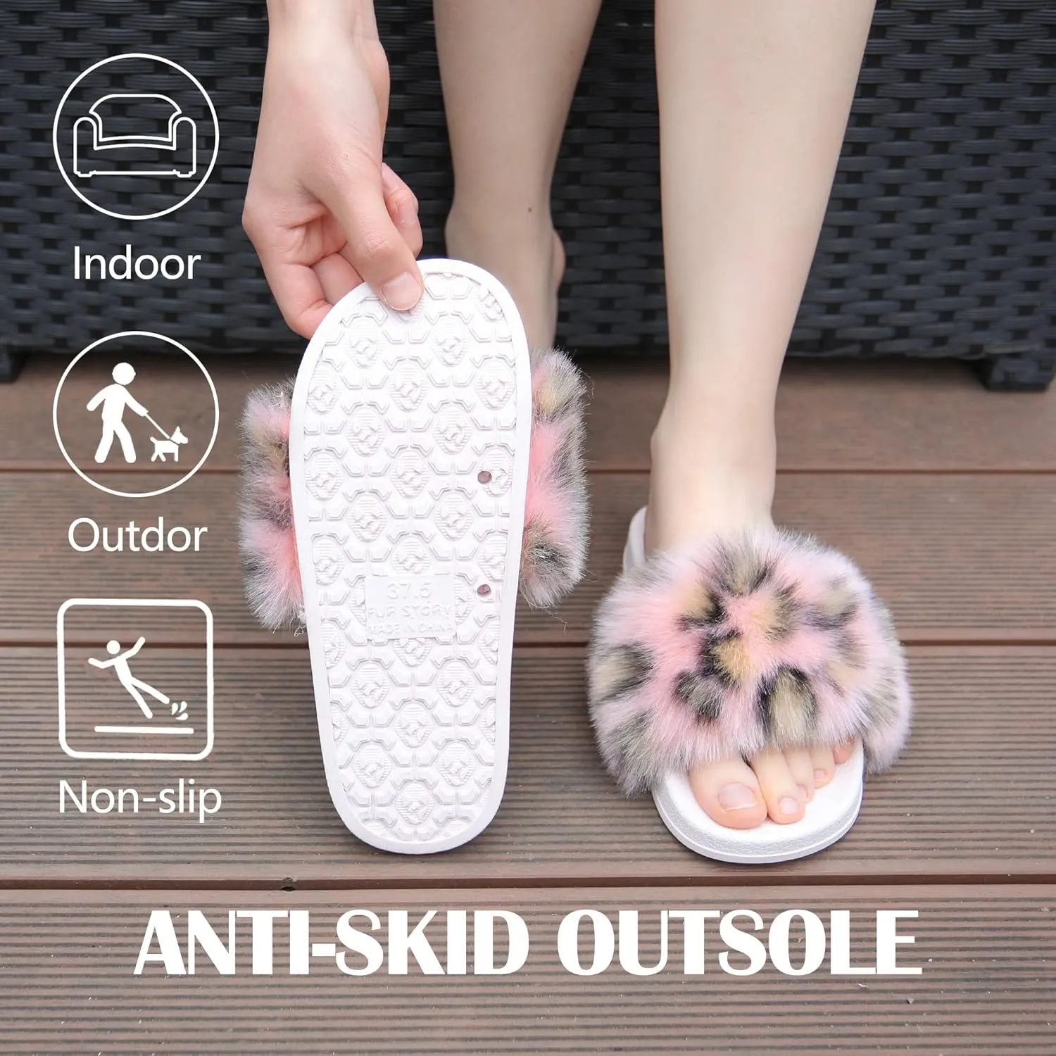 Women's Furry Slides Faux Fur Slides Fuzzy Slippers Fluffy Sandals Outdoor Indoor