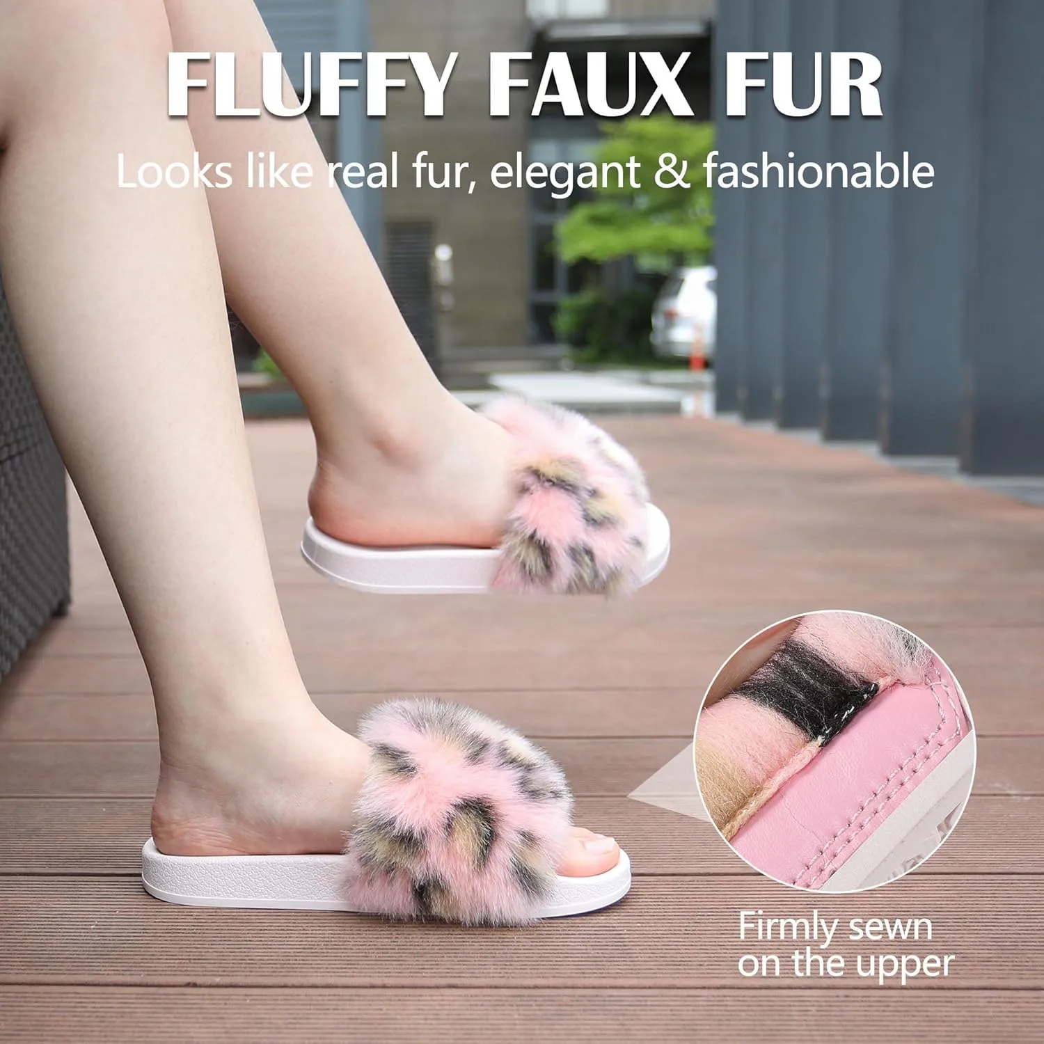 Women's Furry Slides Faux Fur Slides Fuzzy Slippers Fluffy Sandals Outdoor Indoor