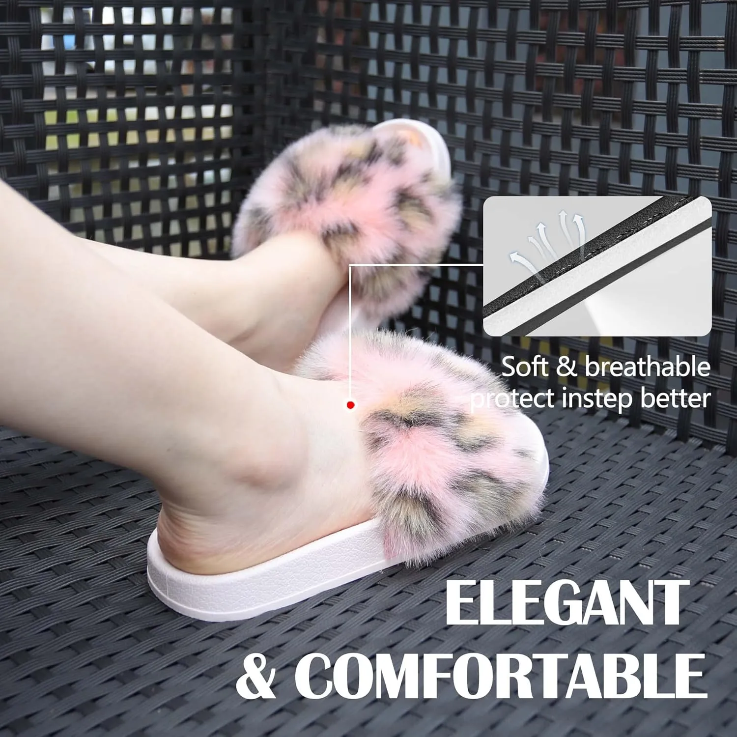 Women's Furry Slides Faux Fur Slides Fuzzy Slippers Fluffy Sandals Outdoor Indoor