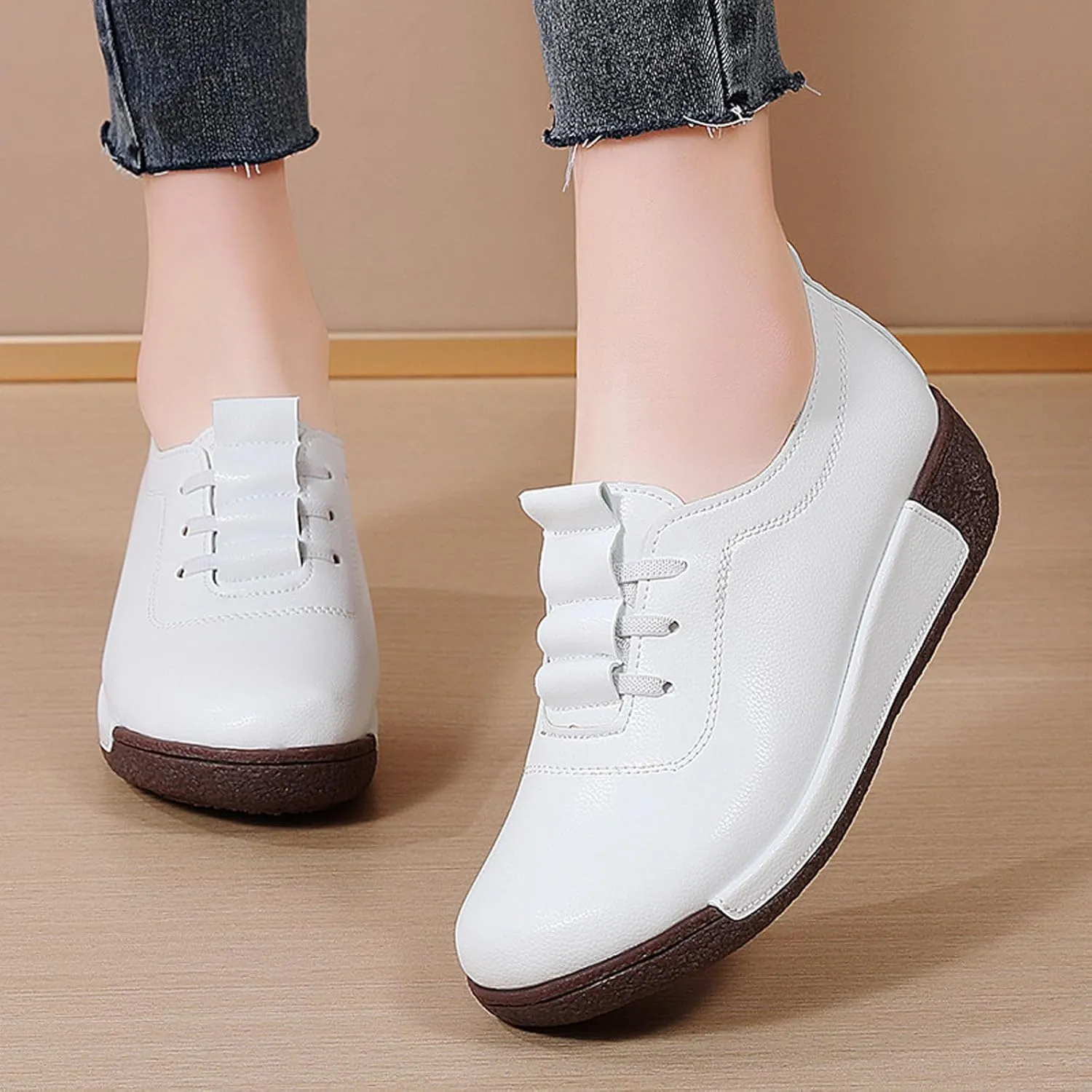 Women's Genuine Leather Lace-up Wedge Sneakers Fashion Breathable Low Top Platform Slip-on Casual Walking Shoes Comfortable Round Toe Non-Slip Work Rocker Shoes