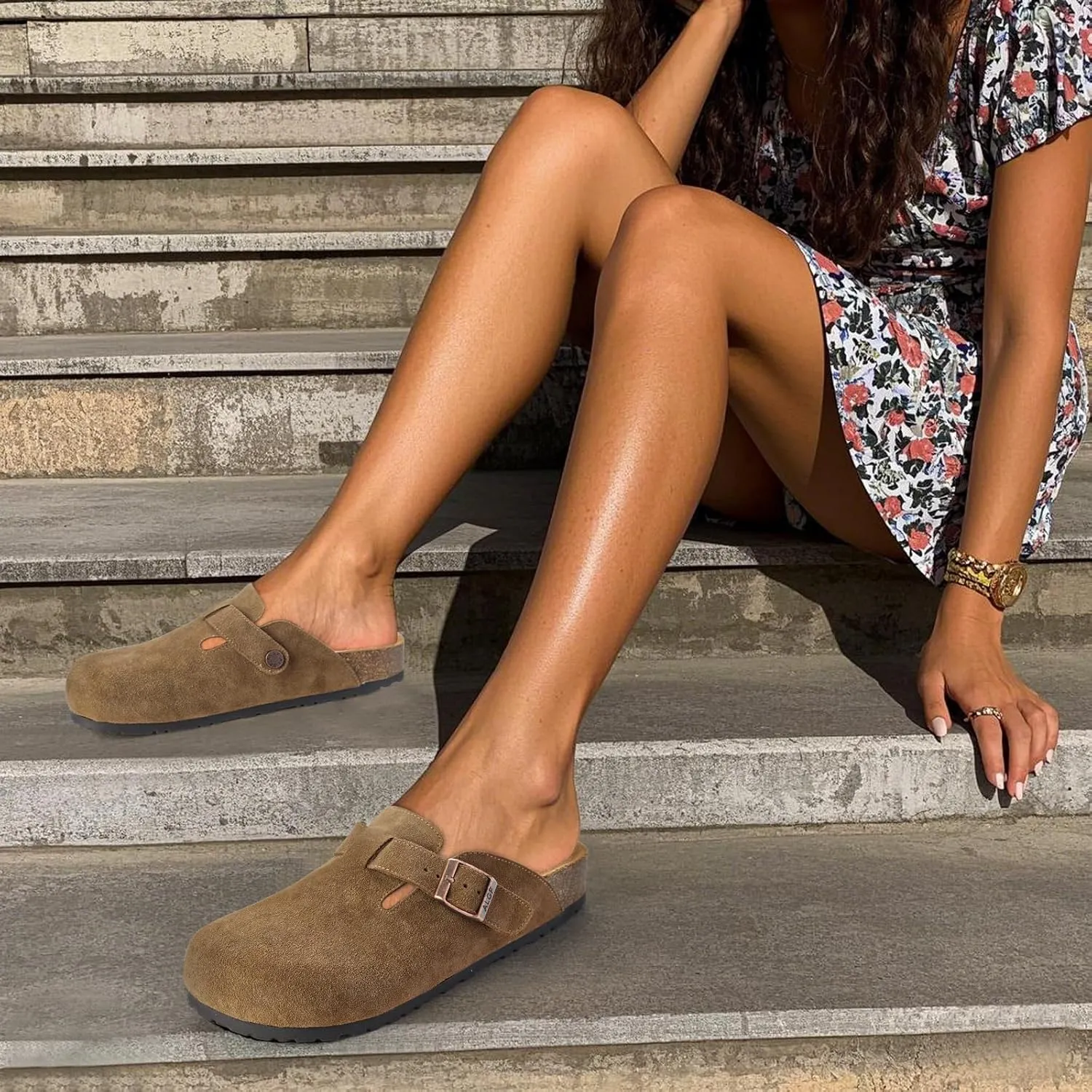 Women’s Genuine Suede Clogs for Women Slip-On Buckle Slides Women's Mules & Clogs Natural Rubber Cork Footbed Sandals Potato Shoes with Arch Support