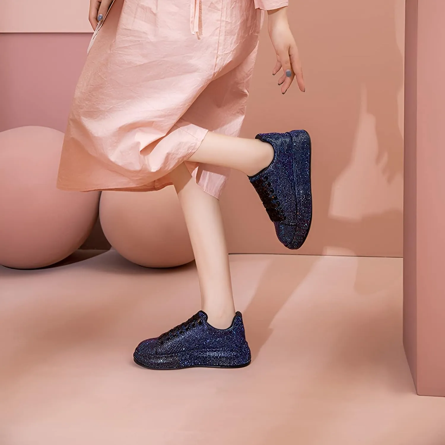 Women's Glitter Rhinestones Sneakers Gradient Colors Lace-Up Casual Platform Sports Shoes