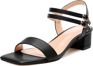 Women's Heeled Sandals, Open Square Toe Chunky Heels, Ankle Strap with Buckle Fashion Solid Color Casual Sandals for Daily Wear