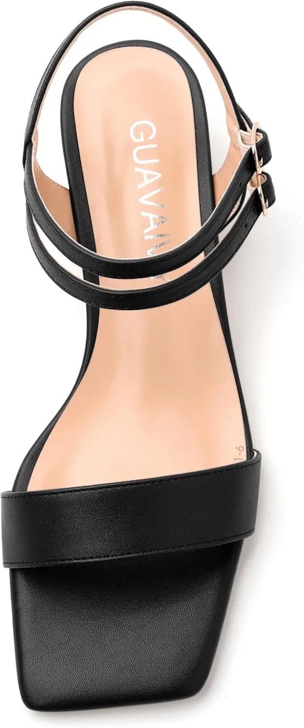 Women's Heeled Sandals, Open Square Toe Chunky Heels, Ankle Strap with Buckle Fashion Solid Color Casual Sandals for Daily Wear