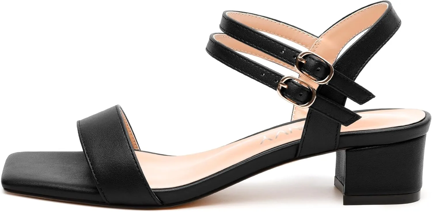 Women's Heeled Sandals, Open Square Toe Chunky Heels, Ankle Strap with Buckle Fashion Solid Color Casual Sandals for Daily Wear