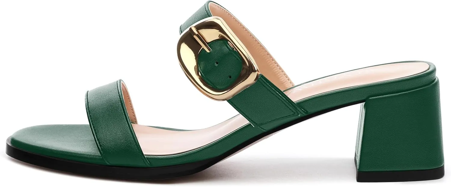 Womens Heeled Sandals, Round Open Toe Low Heels, Fashion Buckle Slip On Solid Matte Sandals 2 inch