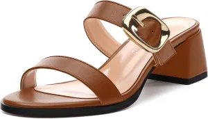 Womens Heeled Sandals, Round Open Toe Low Heels, Fashion Buckle Slip On Solid Matte Sandals 2 inch
