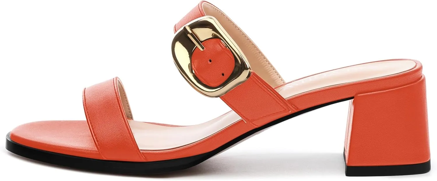 Womens Heeled Sandals, Round Open Toe Low Heels, Fashion Buckle Slip On Solid Matte Sandals 2 inch