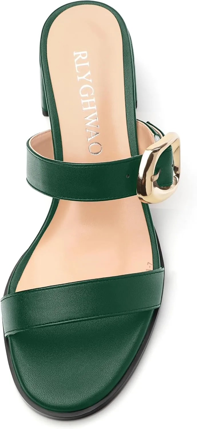 Womens Heeled Sandals, Round Open Toe Low Heels, Fashion Buckle Slip On Solid Matte Sandals 2 inch