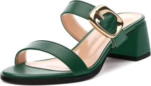 Womens Heeled Sandals, Round Open Toe Low Heels, Fashion Buckle Slip On Solid Matte Sandals 2 inch