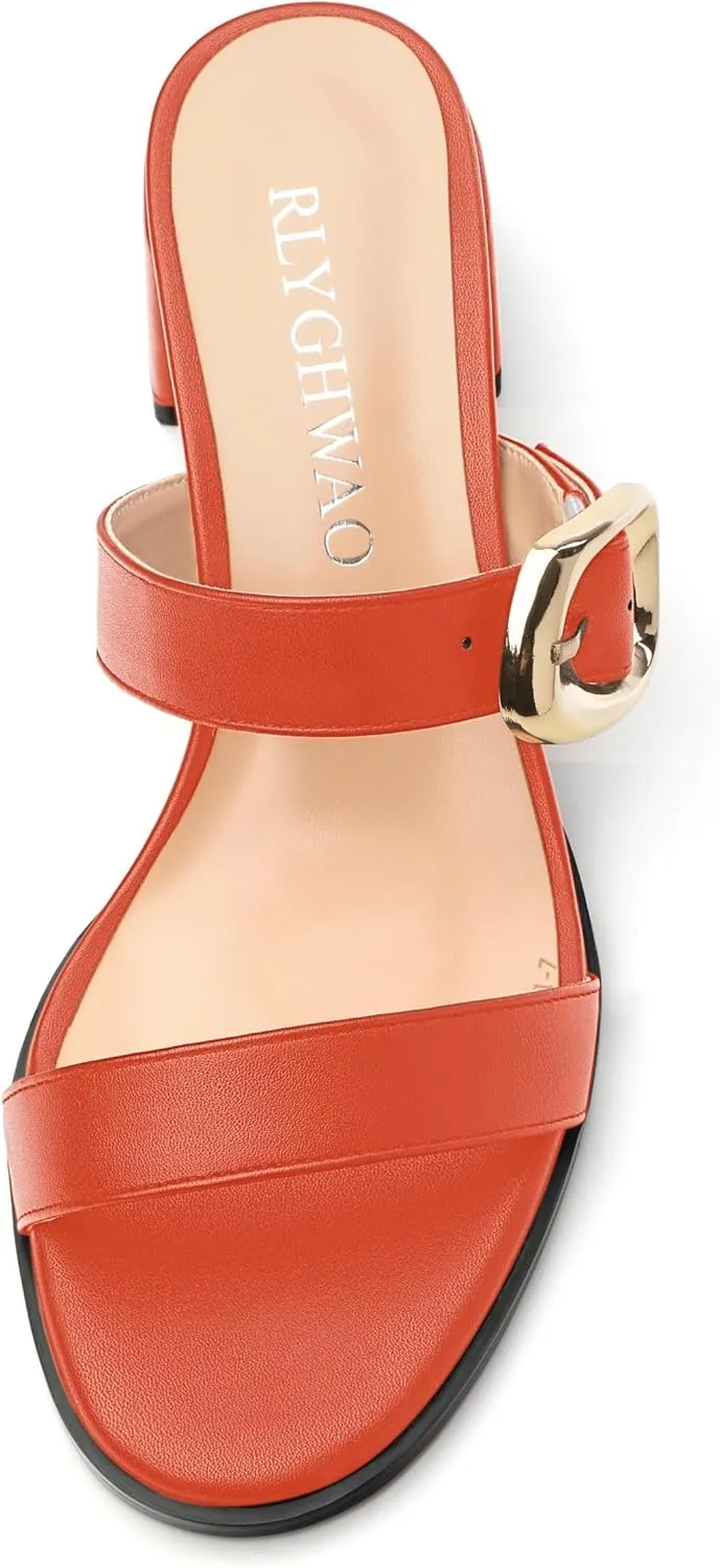Womens Heeled Sandals, Round Open Toe Low Heels, Fashion Buckle Slip On Solid Matte Sandals 2 inch