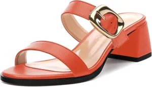 Womens Heeled Sandals, Round Open Toe Low Heels, Fashion Buckle Slip On Solid Matte Sandals 2 inch