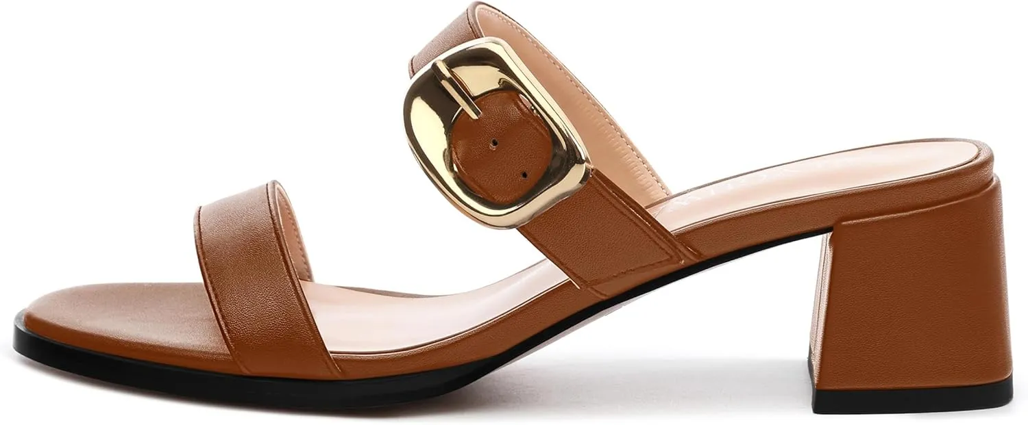 Womens Heeled Sandals, Round Open Toe Low Heels, Fashion Buckle Slip On Solid Matte Sandals 2 inch