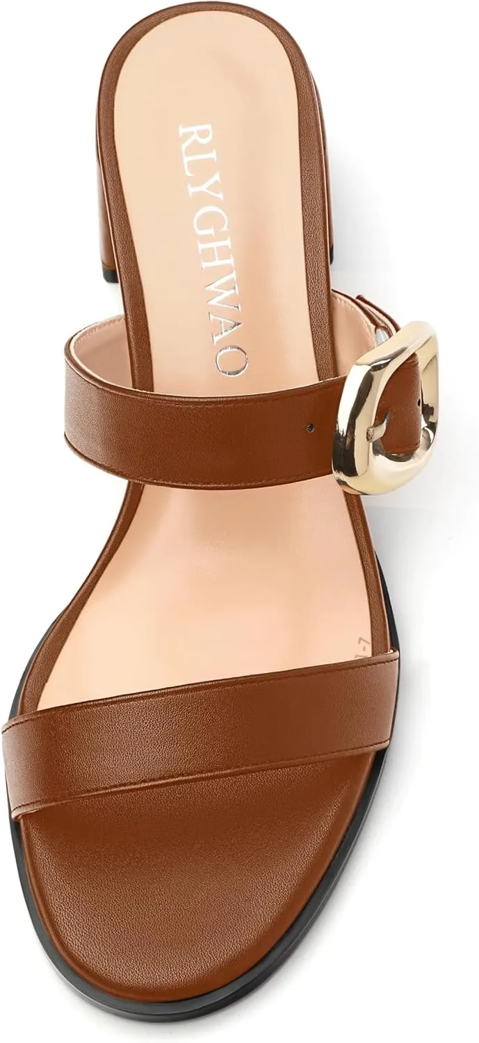 Womens Heeled Sandals, Round Open Toe Low Heels, Fashion Buckle Slip On Solid Matte Sandals 2 inch