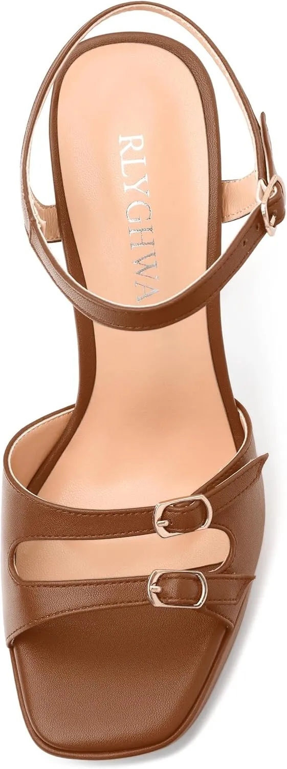 Women's High Heel Platform Sandals - Open Square Toe Block Heels, Adjustable Ankle Strap Buckle, Chic Solid Color Dress Shoes for Weddings, Parties, Daily Wear