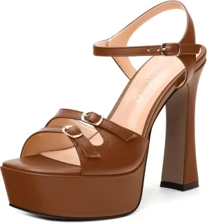 Women's High Heel Platform Sandals - Open Square Toe Block Heels, Adjustable Ankle Strap Buckle, Chic Solid Color Dress Shoes for Weddings, Parties, Daily Wear