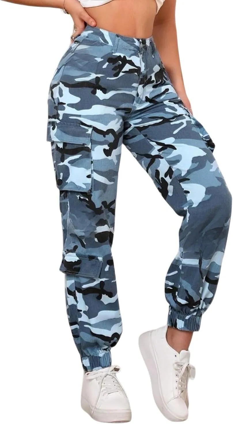Women's Hiking Cargo Jogger Camo Pants with Pockets High Waisted Slim Casual Outdoor Tapered Combat Works Pants