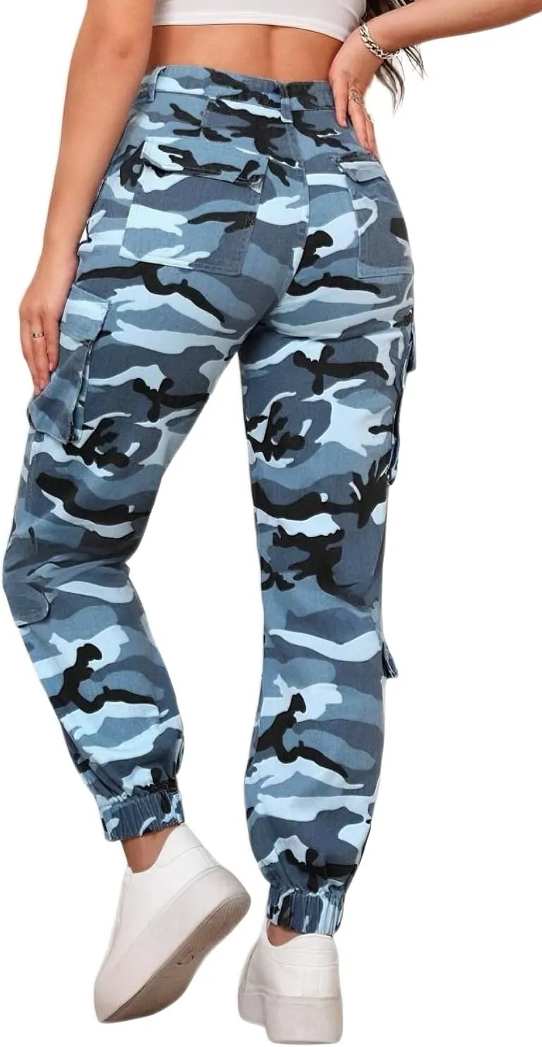 Women's Hiking Cargo Jogger Camo Pants with Pockets High Waisted Slim Casual Outdoor Tapered Combat Works Pants