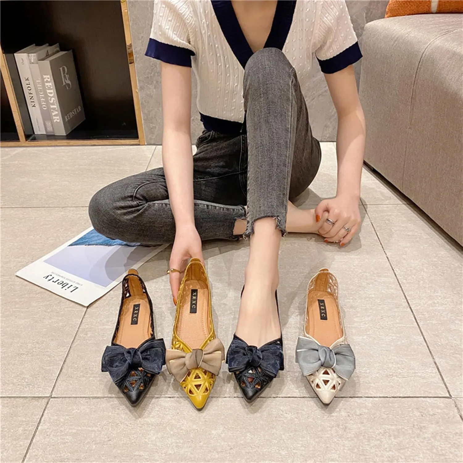 Women'S Hollow Leather Bow Breathable Ballet Flats,Fashion Pointed Toe Slip-On Comfortable Soft Sole Casual Shoes,for Office Work Walking Shoes