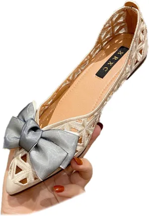 Women'S Hollow Leather Bow Breathable Ballet Flats,Fashion Pointed Toe Slip-On Comfortable Soft Sole Casual Shoes,for Office Work Walking Shoes