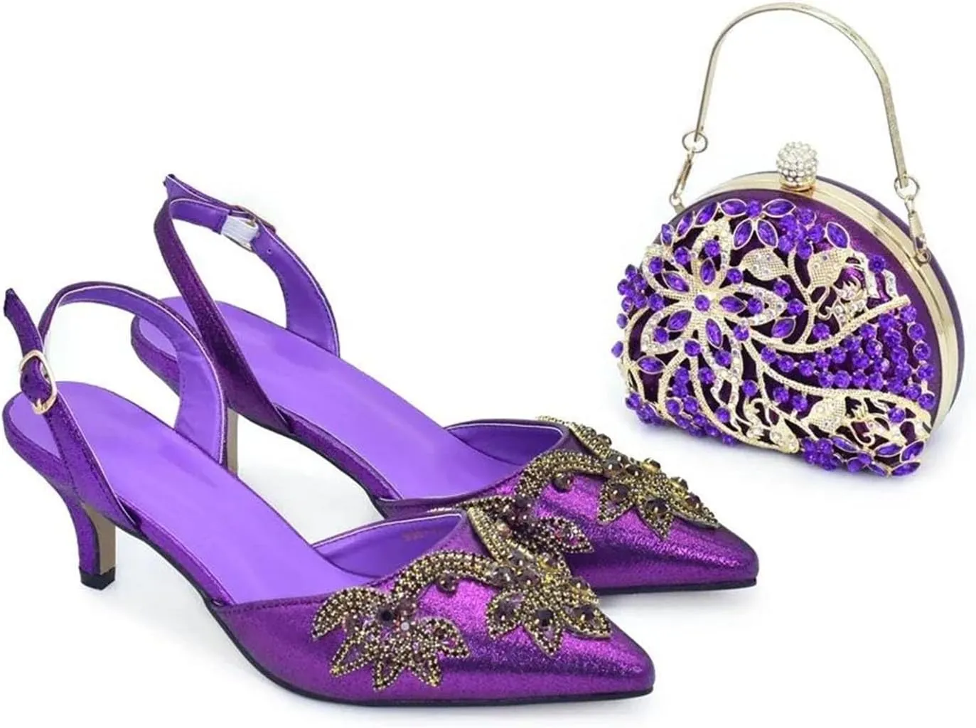 Women's Italian Evening Party Set - Rhinestone Mid-Heel Shoes & Crystal Clutch Bag (Pointed Toe)