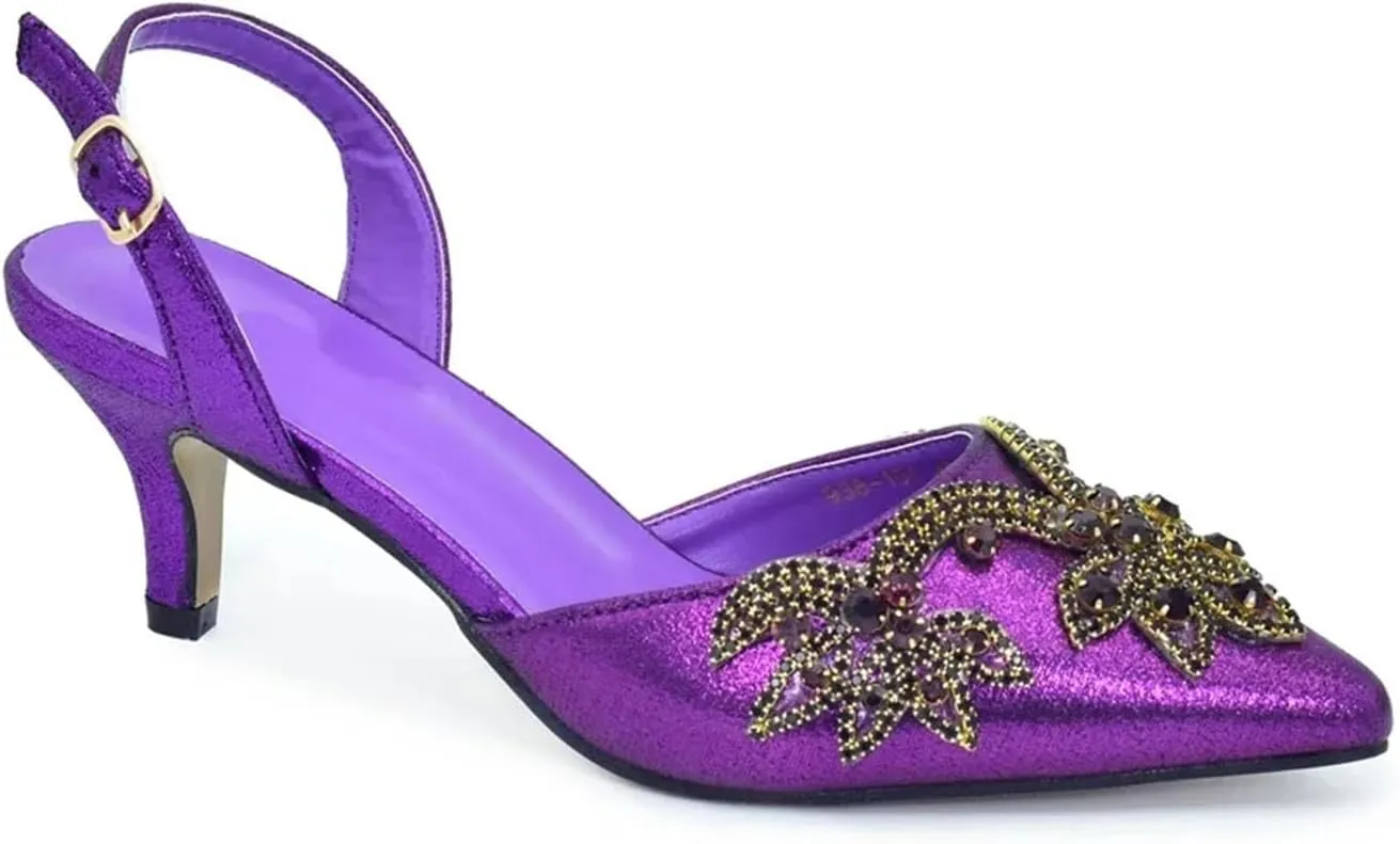 Women's Italian Evening Party Set - Rhinestone Mid-Heel Shoes & Crystal Clutch Bag (Pointed Toe)