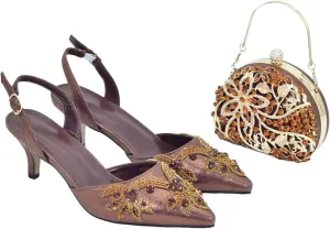 Women's Italian Evening Party Set - Rhinestone Mid-Heel Shoes & Crystal Clutch Bag (Pointed Toe)