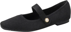 Women's Knit Breathable Pointed Toe Flat Mary Jane Shoes Lightweight Comfortable Slip On Ballet Flats with Adjustable Instep Strap Casual Office Work Washable Walking Shoes