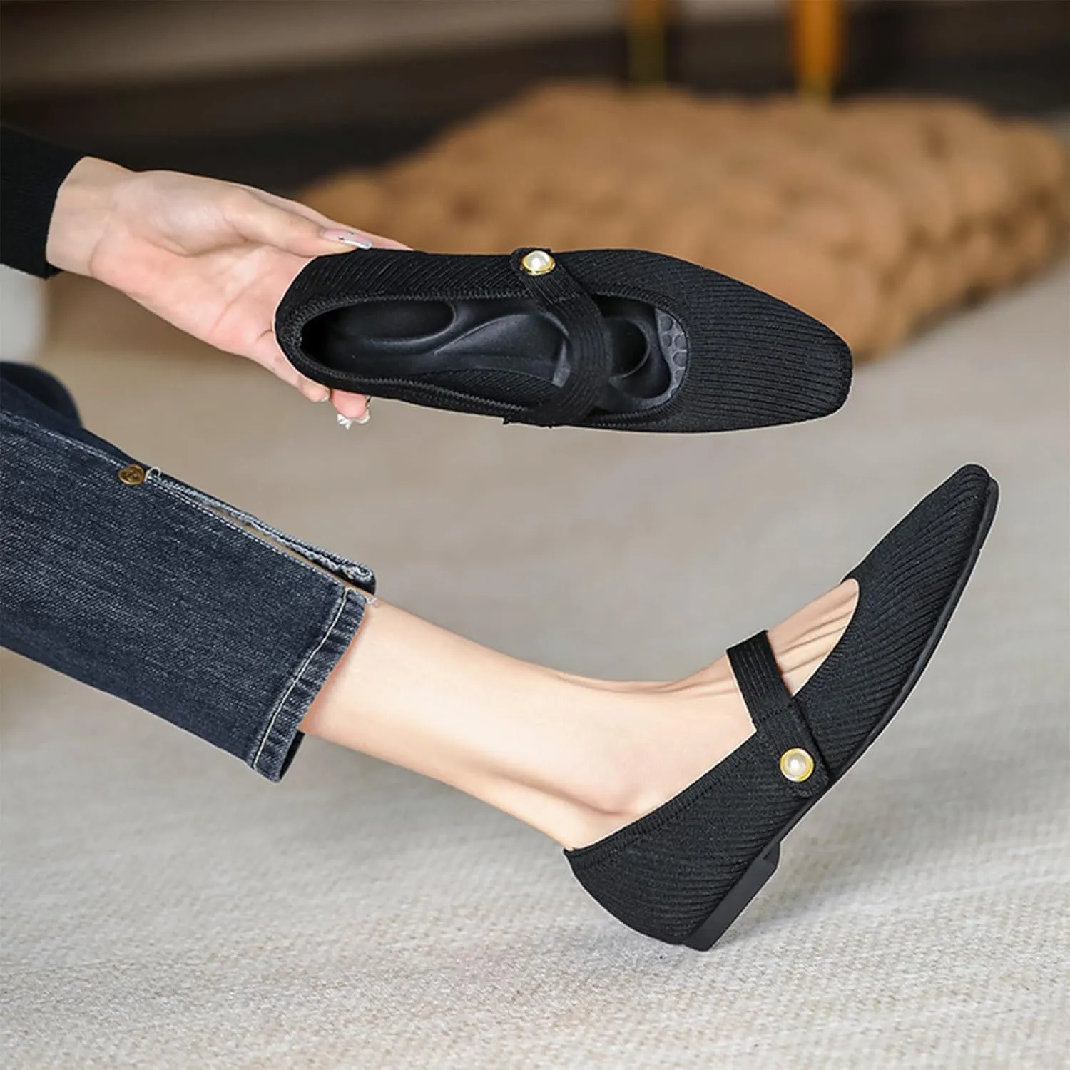 Women's Knit Breathable Pointed Toe Flat Mary Jane Shoes Lightweight Comfortable Slip On Ballet Flats with Adjustable Instep Strap Casual Office Work Washable Walking Shoes