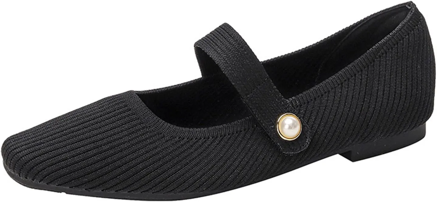 Women's Knit Breathable Pointed Toe Flat Mary Jane Shoes Lightweight Comfortable Slip On Ballet Flats with Adjustable Instep Strap Casual Office Work Washable Walking Shoes