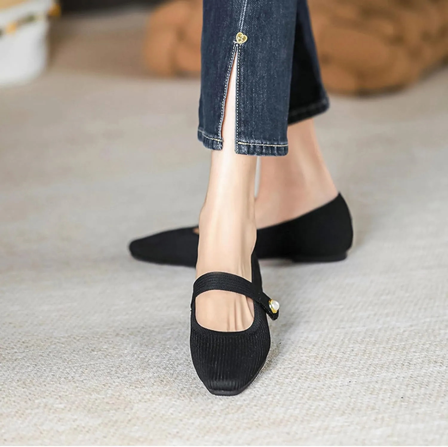 Women's Knit Breathable Pointed Toe Flat Mary Jane Shoes Lightweight Comfortable Slip On Ballet Flats with Adjustable Instep Strap Casual Office Work Washable Walking Shoes