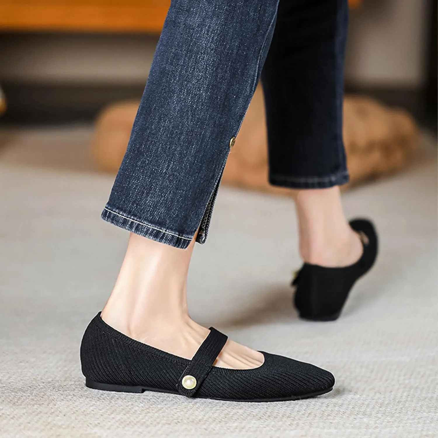 Women's Knit Breathable Pointed Toe Flat Mary Jane Shoes Lightweight Comfortable Slip On Ballet Flats with Adjustable Instep Strap Casual Office Work Washable Walking Shoes