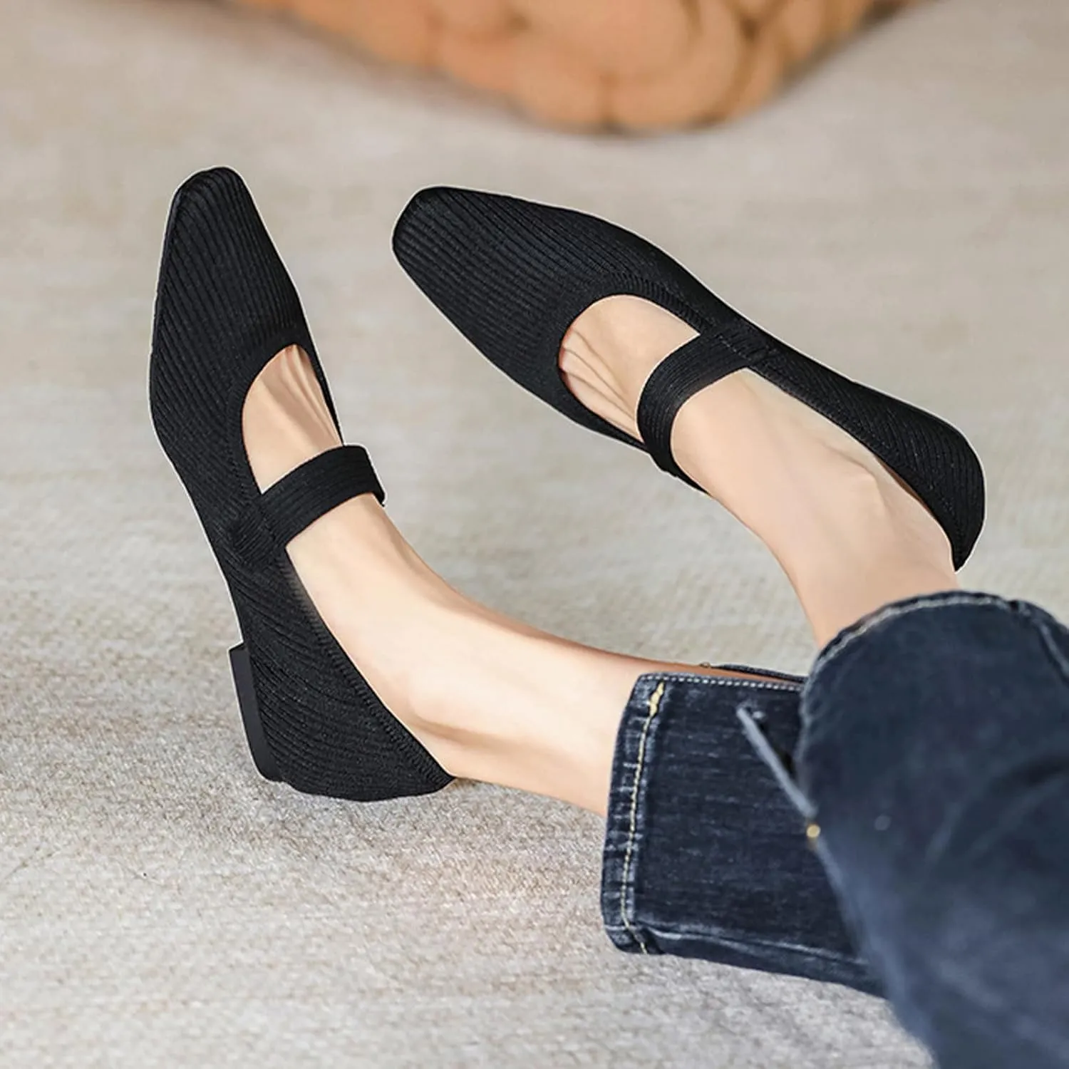 Women's Knit Breathable Pointed Toe Flat Mary Jane Shoes Lightweight Comfortable Slip On Ballet Flats with Adjustable Instep Strap Casual Office Work Washable Walking Shoes