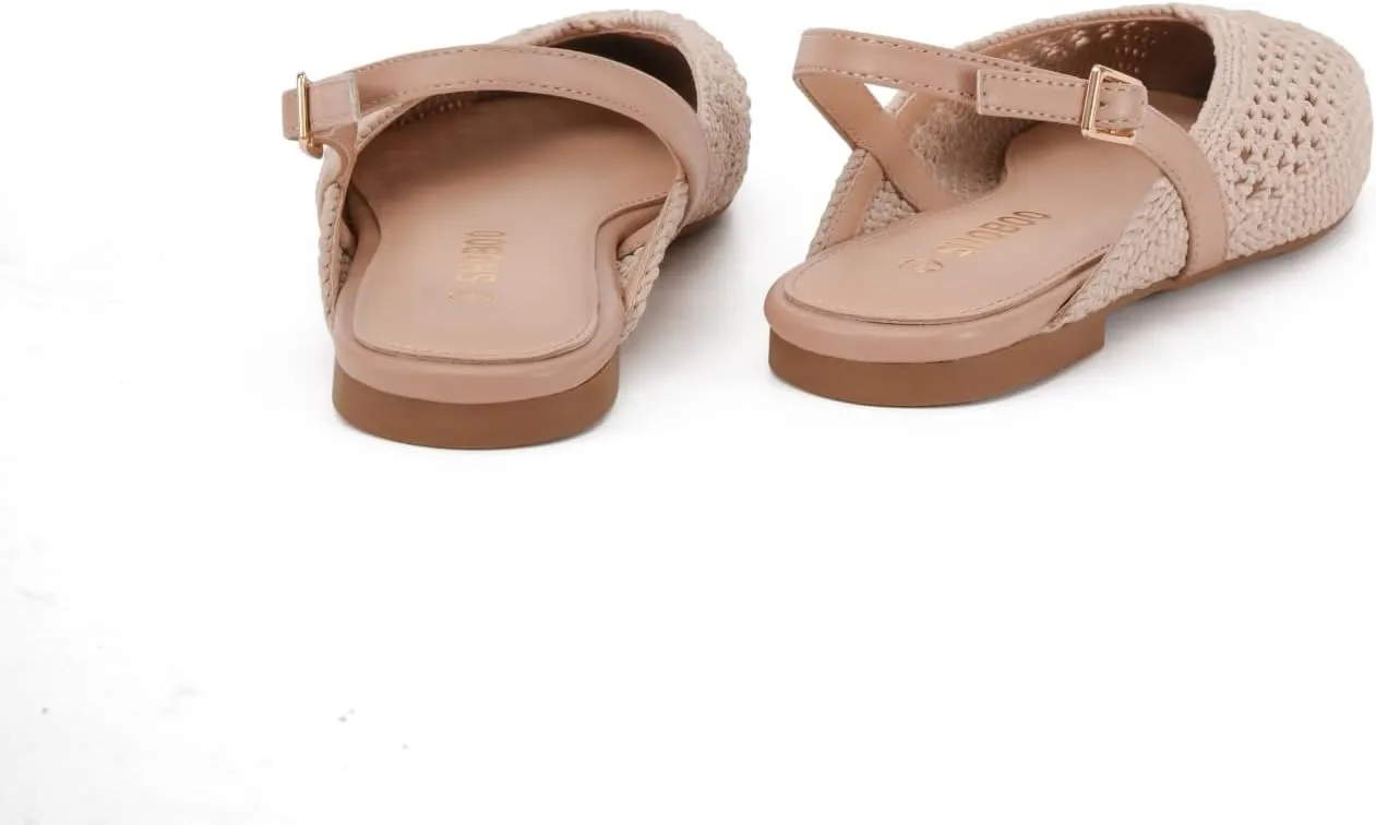 Women's Knit Pointed Toe Slingback Flats - Adjustable Buckle Ballet Flats, Dressy and Comfortable
