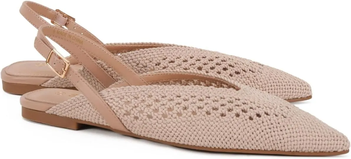 Women's Knit Pointed Toe Slingback Flats - Adjustable Buckle Ballet Flats, Dressy and Comfortable