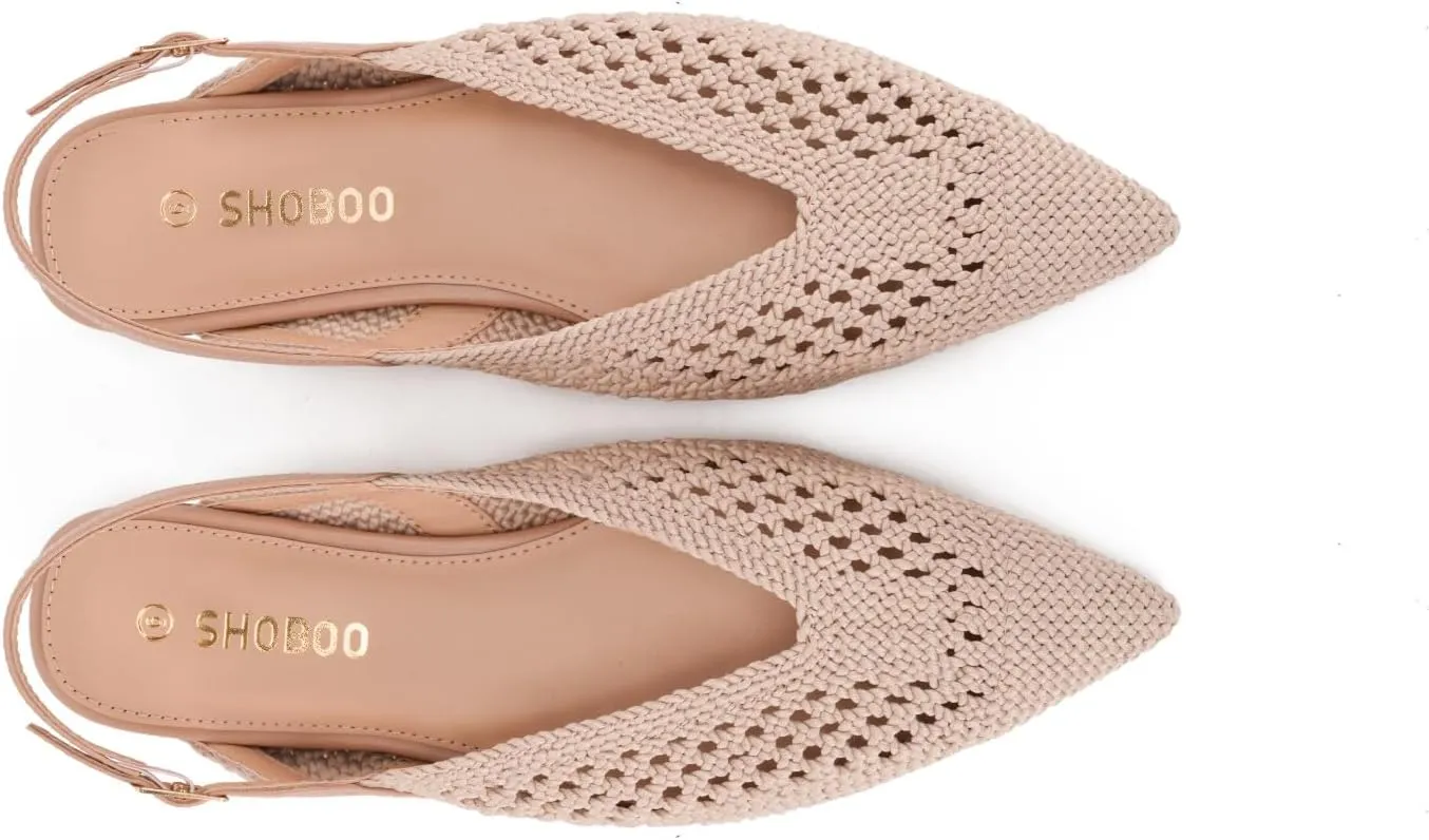 Women's Knit Pointed Toe Slingback Flats - Adjustable Buckle Ballet Flats, Dressy and Comfortable