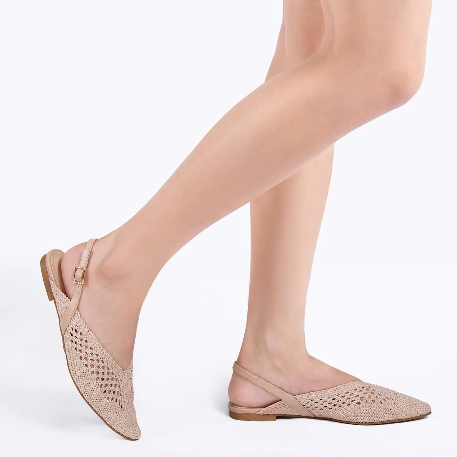 Women's Knit Pointed Toe Slingback Flats - Adjustable Buckle Ballet Flats, Dressy and Comfortable