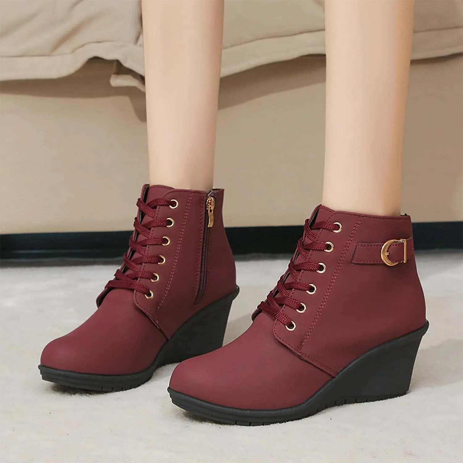 Women's Lace up Combat Ankle Boots High Chunky Wedge Heel Fashion Heeled Booties Buckle up Comfortable Shoes