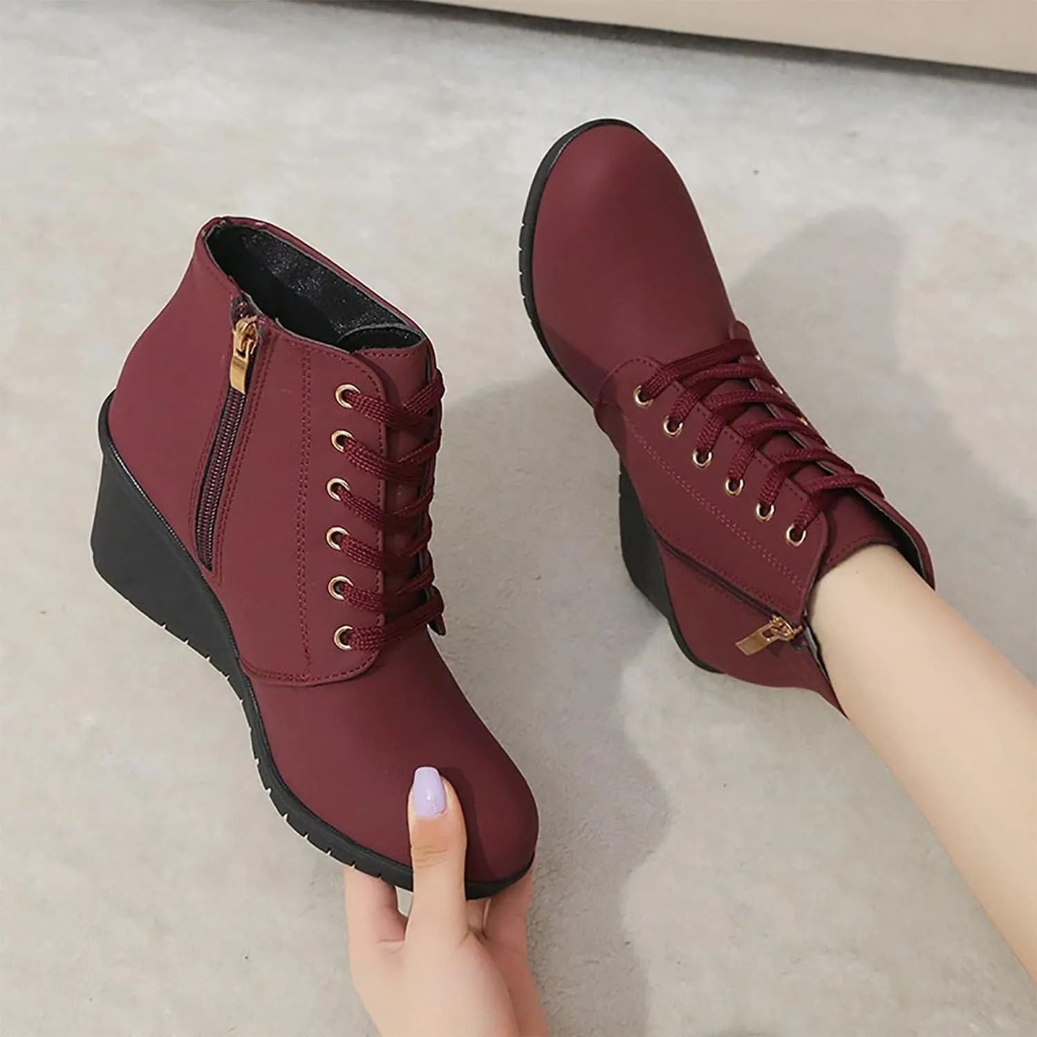 Women's Lace up Combat Ankle Boots High Chunky Wedge Heel Fashion Heeled Booties Buckle up Comfortable Shoes