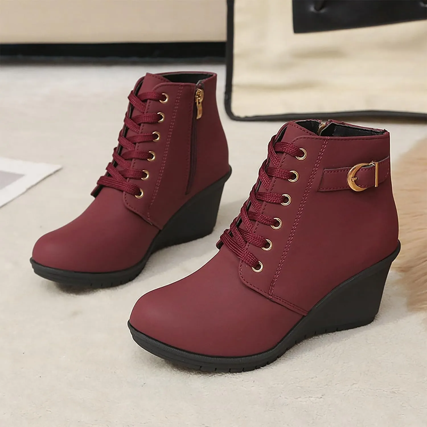Women's Lace up Combat Ankle Boots High Chunky Wedge Heel Fashion Heeled Booties Buckle up Comfortable Shoes