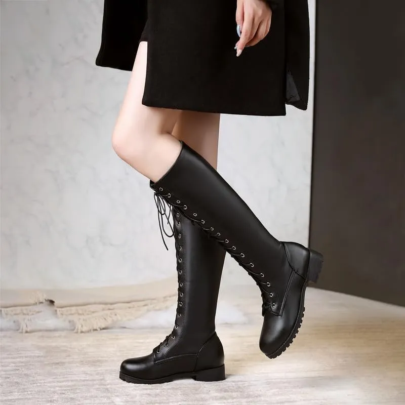 Womens Lace Up Knee High Boots Combat Chunky Low Heel Tall Boots