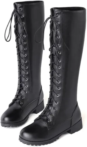 Womens Lace Up Knee High Boots Combat Chunky Low Heel Tall Boots