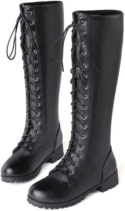 Womens Lace Up Knee High Boots Combat Chunky Low Heel Tall Boots